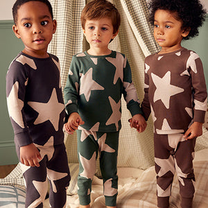 Green/Ecru/Brown Stars 3 Pack Snuggle Pyjamas (9mths-6yrs)