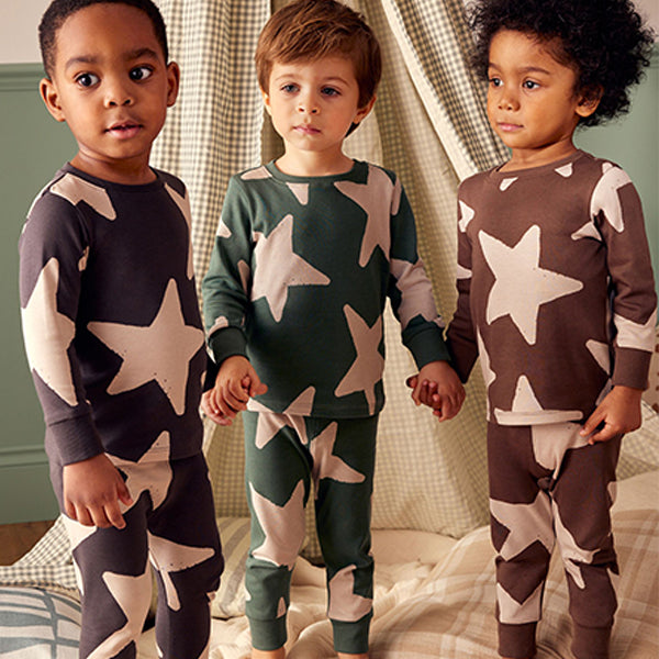 Green/Ecru/Brown Stars 3 Pack Snuggle Pyjamas (9mths-6yrs)