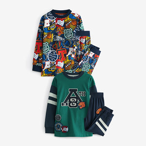 Blue/Green Varsity 2 Pack 100% Cotton Long Sleeve Pyjamas (5-12yrs)