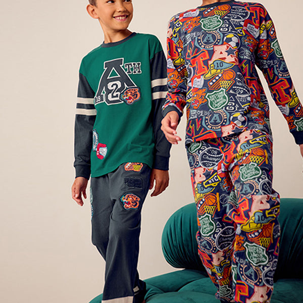 Blue/Green Varsity 2 Pack 100% Cotton Long Sleeve Pyjamas (5-12yrs)