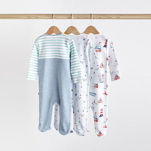 Blue Boat 3 Pack Embroidered Baby Sleepsuits (0-2yrs)