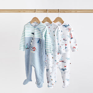 Blue Boat 3 Pack Embroidered Baby Sleepsuits (0-2yrs)