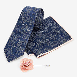 Navy Blue Tie Pocket Square And Lapel Pin Set