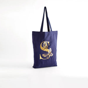 Navy Blue Cotton Reusable Monogram Bag For Life