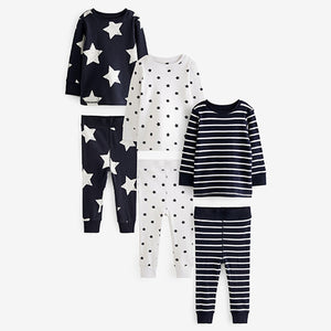 Navy Blue / White Star Snuggle Pyjamas 3 Pack (9mths-6yrs)