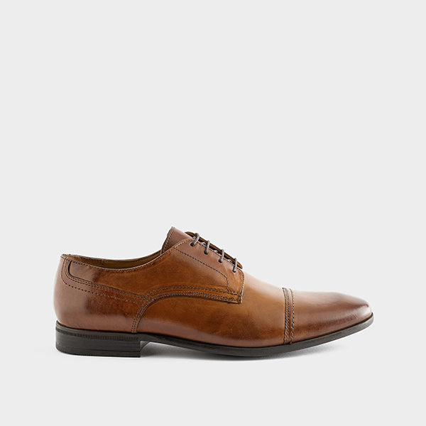 Tan Brown Standard Fit Leather Derby Toe Cap Shoes