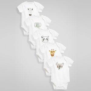 White Safari Character 5 Pack Short Sleeve Baby Bodysuits (0-2yrs)