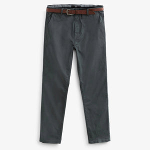 Grey Charcoal Straight Fit Belted Soft Touch Chino Trousers