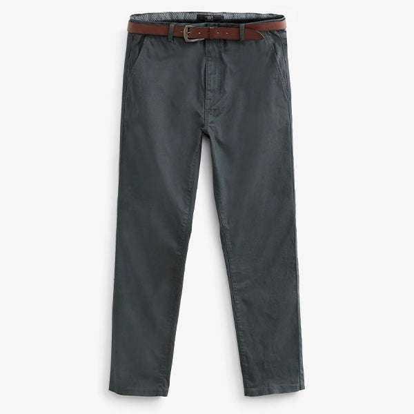 Grey Charcoal Straight Fit Belted Soft Touch Chino Trousers