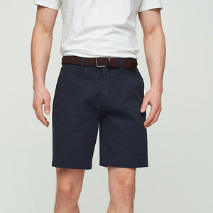 Navy Blue Print Belted Chino Shorts with Stretch