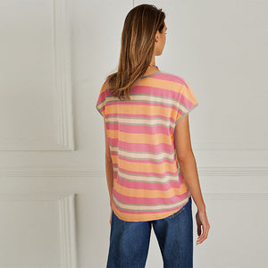 Orange/Pink Stripe Short Sleeve Crew Neck Slub T-Shirt