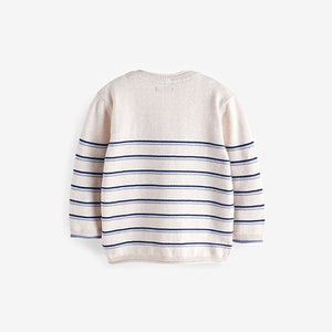 Ecru Cream 100% Cotton Henley Stripe Knit Crew Jumper (3mths-4-5yrs)