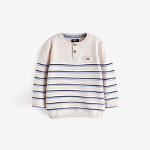 Load image into Gallery viewer, Ecru Cream 100% Cotton Henley Stripe Knit Crew Jumper (3mths-4-5yrs)
