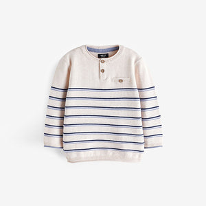 Ecru Cream 100% Cotton Henley Stripe Knit Crew Jumper (3mths-4-5yrs)