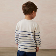 Load image into Gallery viewer, Ecru Cream 100% Cotton Henley Stripe Knit Crew Jumper (3mths-4-5yrs)
