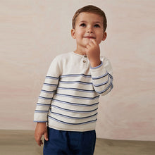 Load image into Gallery viewer, Ecru Cream 100% Cotton Henley Stripe Knit Crew Jumper (3mths-4-5yrs)
