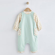 Load image into Gallery viewer, Green Duck and Floral Baby 2 Piece Woven Dungarees And Bodysuit (0mths-18mths)
