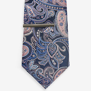 Blue Navy/Pink Paisley Design Tie And Tie Clip