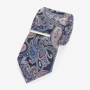 Blue Navy/Pink Paisley Design Tie And Tie Clip