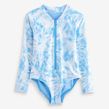 Load image into Gallery viewer, Blue Tie Dye Long Sleeved Swimsuit

