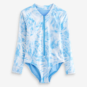 Blue Tie Dye Long Sleeved Swimsuit