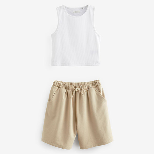 Neutral/White Rib Vest and Sweat Short Set