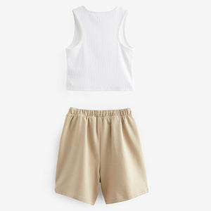 Neutral/White Rib Vest and Sweat Short Set