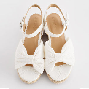 White Broderie Bow Wedge Sandals