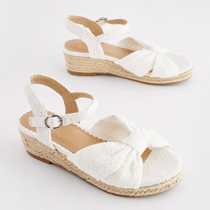 White Broderie Bow Wedge Sandals