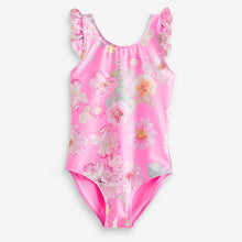 Load image into Gallery viewer, Pink Floral Frill Sleeve Swimsuit (3mths-5yrs)
