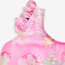 Load image into Gallery viewer, Pink Floral Frill Sleeve Swimsuit (3mths-5yrs)
