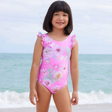 Load image into Gallery viewer, Pink Floral Frill Sleeve Swimsuit (3mths-5yrs)
