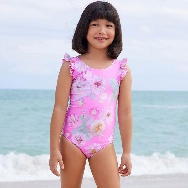 Pink Floral Frill Sleeve Swimsuit (3mths-5yrs)