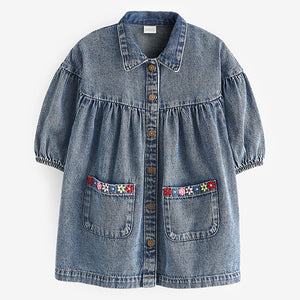 Blue Denim Embroidered 100% Cotton Shirt Dress (3mths-6yrs)