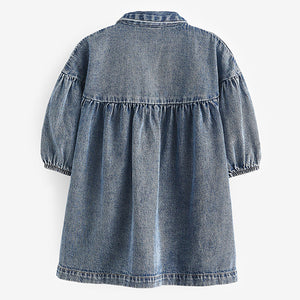 Blue Denim Embroidered 100% Cotton Shirt Dress (3mths-6yrs)