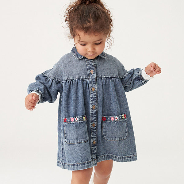 Blue Denim Embroidered 100% Cotton Shirt Dress (3mths-6yrs)