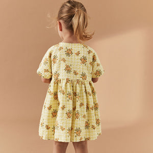 Yellow Floral Gingham Relaxed Cotton Dress (3mths-5-6yrs)