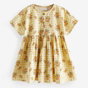 Yellow Floral Gingham Relaxed Cotton Dress (3mths-5-6yrs)