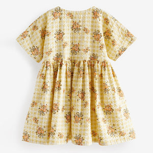 Yellow Floral Gingham Relaxed Cotton Dress (3mths-5-6yrs)