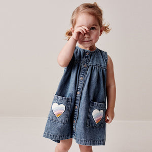 Blue Denim 100% Cotton Heart Detail Dress (3mths-5-6yrs)