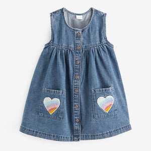 Blue Denim 100% Cotton Heart Detail Dress (3mths-5-6yrs)