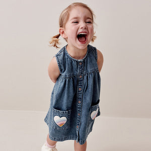 Blue Denim 100% Cotton Heart Detail Dress (3mths-5-6yrs)