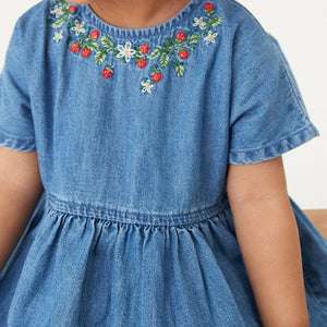 Blue Denim 100% Cotton Embroidered Dress (3mths-5-6yrs)