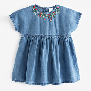 Blue Denim 100% Cotton Embroidered Dress (3mths-5-6yrs)