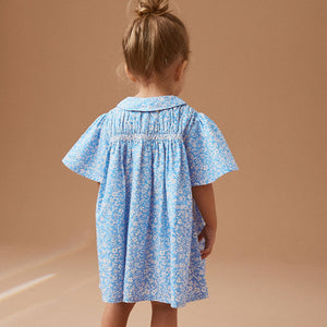 Blue Ditsy Shirred Cotton Dress (3mths-5-6yrs)