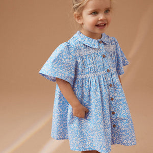 Blue Ditsy Shirred Cotton Dress (3mths-5-6yrs)