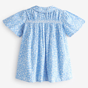 Blue Ditsy Shirred Cotton Dress (3mths-5-6yrs)