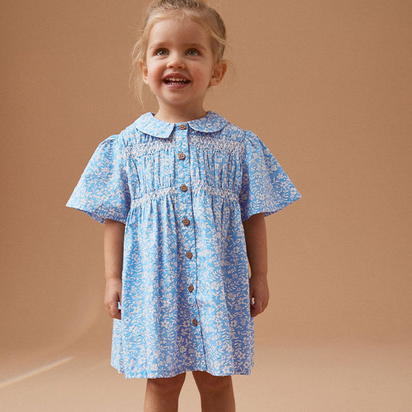 Blue Ditsy Shirred Cotton Dress (3mths-5-6yrs)