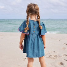 Load image into Gallery viewer, Blue Denim Embroidered 100% Cotton Kaftan Dress (3mths-5-6yrs)
