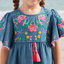 Load image into Gallery viewer, Blue Denim Embroidered 100% Cotton Kaftan Dress (3mths-5-6yrs)
